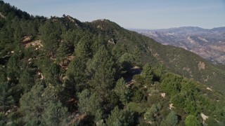 AXSF01_033 - 5K aerial stock footage of flying over tree-lined slopes in the Santa Ynez Mountains, California