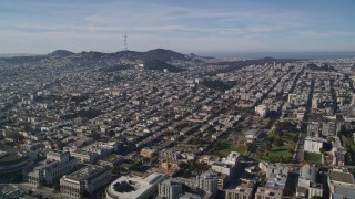 AXSF05_011 - 5K aerial stock footage flyby City Hall toward Western Addition urban neighborhoods and Mount Sutro, San Francisco, California