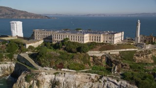 AXSF05_020 - 5K aerial stock footage tilt from San Francisco Bay to revealing Alcatraz, San Francisco, California