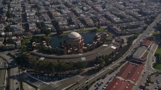 AXSF05_028 - 5K aerial stock footage orbiting the Palace of Fine Arts, San Francisco, California