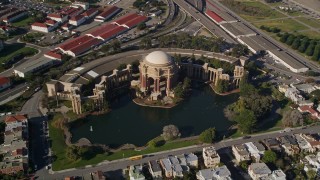 AXSF05_029 - 5K aerial stock footage circling above the Palace of Fine Arts, San Francisco, California
