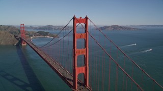 AXSF05_035 - 5K aerial stock footage approach and flyby one of the Golden Gate Bridge towers, San Francisco, California