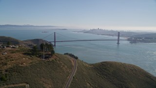 AXSF05_046 - 5K aerial stock footage The Golden Gate Bridge, San Francisco Bay, and San Francisco skyline, seen from Marin Headlands, California