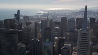 AXSF05_071 - 5K aerial stock footage fly over city skyscrapers toward South of Market District, Downtown San Francisco, California