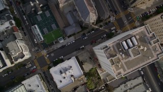 AXSF06_021 - 5K aerial stock footage bird's eye of Nob Hill city streets, reveal Grace Cathedral, Huntington Park, San Francisco, California