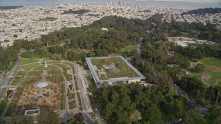 AXSF06_028 - 5K aerial stock footage of orbiting the California Academy of Sciences in iconic Golden Gate Park, San Francisco, California