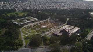 AXSF06_029 - 5K aerial stock footage fly away from museums and concourse in iconic Golden Gate Park, San Francisco, California