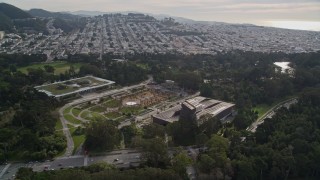 AXSF06_030 - 5K aerial stock footage of orbiting the museums and concourse in iconic Golden Gate Park, San Francisco, California