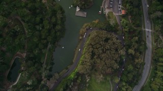 AXSF06_033 - 5K aerial stock footage bird's eye view of Japanese Tea Gardens and lake in iconic Golden Gate Park, San Francisco, California