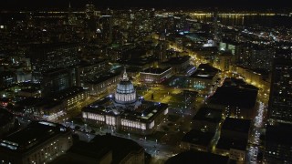 AXSF07_010 - 5K aerial stock footage of San Francisco City Hall in Civic Center, San Francisco, California, night