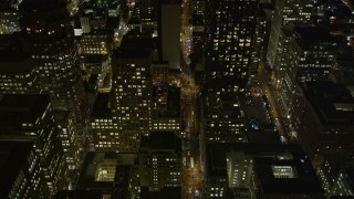 AXSF07_017 - 5K aerial stock footage of flying over Pine Street through Downtown San Francisco, California, night
