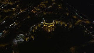 AXSF07_036 - 5K aerial stock footage approach and tilt to the Palace of Fine Arts, Marina District, San Francisco, California, night
