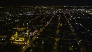 AXSF07_053 - 5K aerial stock footage St. Ignatius Church, Fulton Street, Inner Richmond District, San Francisco, California, night