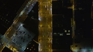 AXSF07_057 - 5K aerial stock footage bird's eye of Market Street and cross streets in Downtown San Francisco, California, night