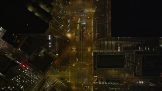 AXSF07_060 - 5K aerial stock footage bird's eye view flying over Market Street and cross streets, Downtown San Francisco, California, night