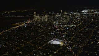 AXSF07_063 - 5K aerial stock footage fly high altitude by Coit Tower and Downtown San Francisco, California, night