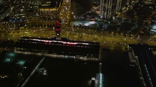 AXSF07_082 - 5K aerial stock footage Ferry Building and The Embarcadero, Downtown San Francisco, California, night