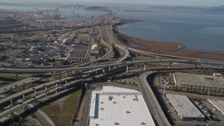 AXSF08_001 - 5K aerial stock footage of the MacArthur Maze freeway interchange, Oakland, California