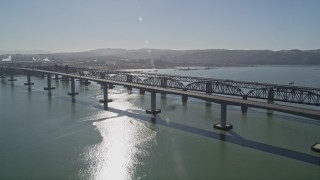 AXSF08_043 - 5K aerial stock footage of Benicia-Martinez Bridge spanning Carquinez Strait, California