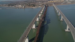 AXSF08_044 - 5K aerial stock footage of flying by the Benicia-Martinez Bridge, Carquinez Strait, California