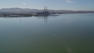 AXSF08_082 - 5K aerial stock footage of approaching a waterfront power plant, Pittsburg, California