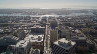 AXSF09_019 - 5K aerial stock footage of tilting from Broadway to a wider view of the city, Downtown Oakland, California
