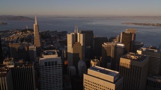 AXSF10_024 - 5K aerial stock footage fly over 345 California Center, Downtown San Francisco, California, sunset