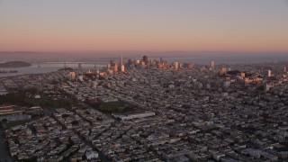AXSF10_055 - 5K aerial stock footage fly over Marina District, approach Downtown San Francisco, California, sunset