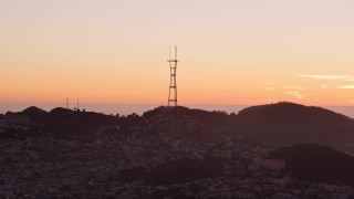 AXSF10_072 - 5K aerial stock footage a view of Sutro Tower, San Francisco, California, twilight