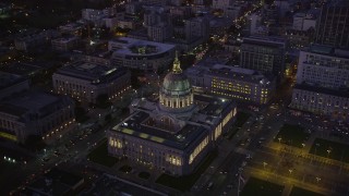 AXSF10_096 - 5K aerial stock footage orbit San Francisco City Hall in Civic Center, San Francisco, California, night