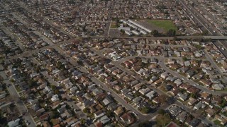 AXSF11_001 - 5K aerial stock footage fly away from Corvallis Elementary School and suburban neighborhoods, San Leandro, California