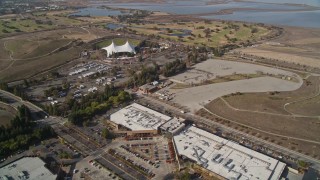 AXSF11_033 - 5K aerial stock footage of flying by Shoreline Amphitheater and golf course, Mountain View, California