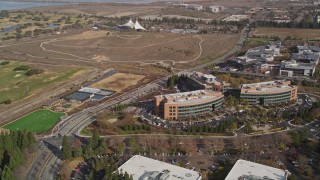 AXSF11_040 - 5K aerial stock footage orbit office buildings by Googleplex, Mountain View, California