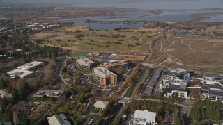 AXSF11_041 - 5K aerial stock footage of Googleplex office buildings, Shoreline Golf Links golf course, Mountain View, California