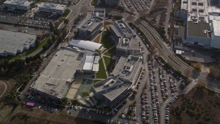 AXSF11_054 - 5K aerial stock footage of orbiting Yahoo! Campus office buildings, Sunnyvale, California