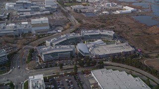 AXSF11_055 - 5K aerial stock footage of circling around the Yahoo! Campus office buildings, Sunnyvale, California