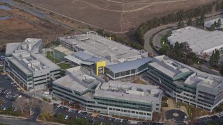 AXSF11_057 - 5K aerial stock footage of circling the Yahoo! Campus office buildings, Sunnyvale, California