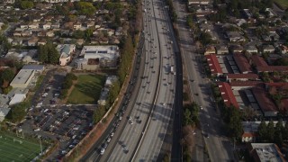 AXSF12_022 - 5K aerial stock footage of a reverse view of Interstate 280 freeway, San Jose, California