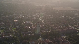 AXSF12_043 - 5K aerial stock footage tilt from Stanford Stadium, reveal Stanford University and Hoover Tower, Stanford, California