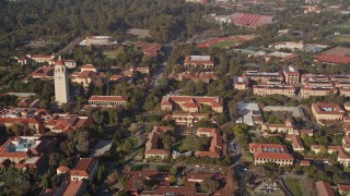 AXSF12_044 - 5K aerial stock footage of orbiting Stanford University, revealing Hoover Tower, Stanford, California