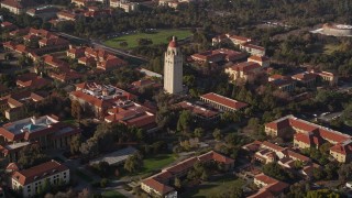AXSF12_046 - 5K aerial stock footage of approaching Hoover Tower at Stanford University, Stanford, California