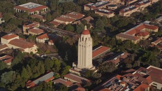 AXSF12_048 - 5K aerial stock footage of flying away from Hoover Tower at Stanford University, Stanford, California