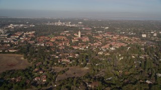 AXSF12_053 - 5K aerial stock footage of approaching Stanford University at Hoover Tower, Stanford, California