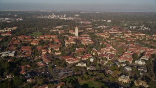AXSF12_054 - 5K aerial stock footage tilt to reveal and approach Hoover Tower and Stanford University, Stanford, California