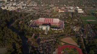AXSF12_057 - 5K aerial stock footage of approaching Stanford Stadium at Stanford University in Stanford, California