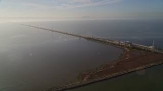 AXSF12_079 - 5K aerial stock footage of the San Mateo Bridge, Hayward, California