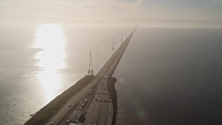 AXSF12_080 - 5K aerial stock footage flyby San Mateo Bridge spanning San Francisco Bay, San Mateo Bridge, California
