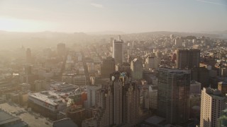 AXSF13_014 - 5K aerial stock footage pan from downtown skyscrapers to Civic Center, Downtown San Francisco, California