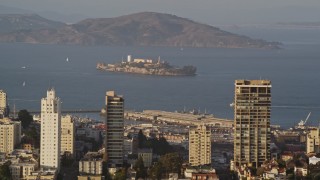 AXSF13_019 - 5K aerial stock footage of a view of Alcatraz prison from Russian Hill,  San Francisco, California