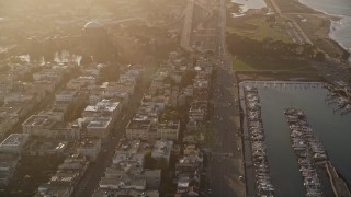 AXSF13_024 - 5K aerial stock footage of flying over Marina District, tilt to apartment buildings, San Francisco, California